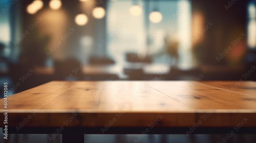 Wooden table with blurred office background, bokeh effect, Generative AI Wooden table with blurred office background, bokeh effect, Generative AI