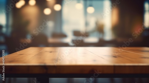 Wooden table with blurred office background, bokeh effect, Generative AI