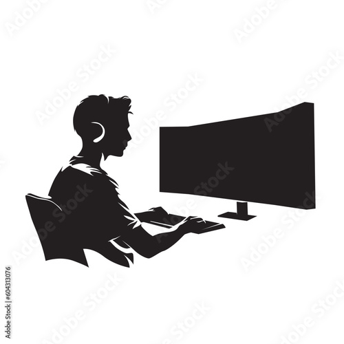 Gaming, esport player sitting on chair and playing computer game, isolated vector silhouette
