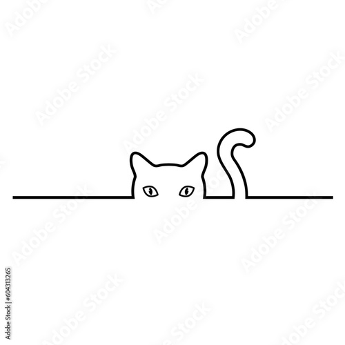 Linear illustration of a cute muzzle of a black cat with a tail on a white background
