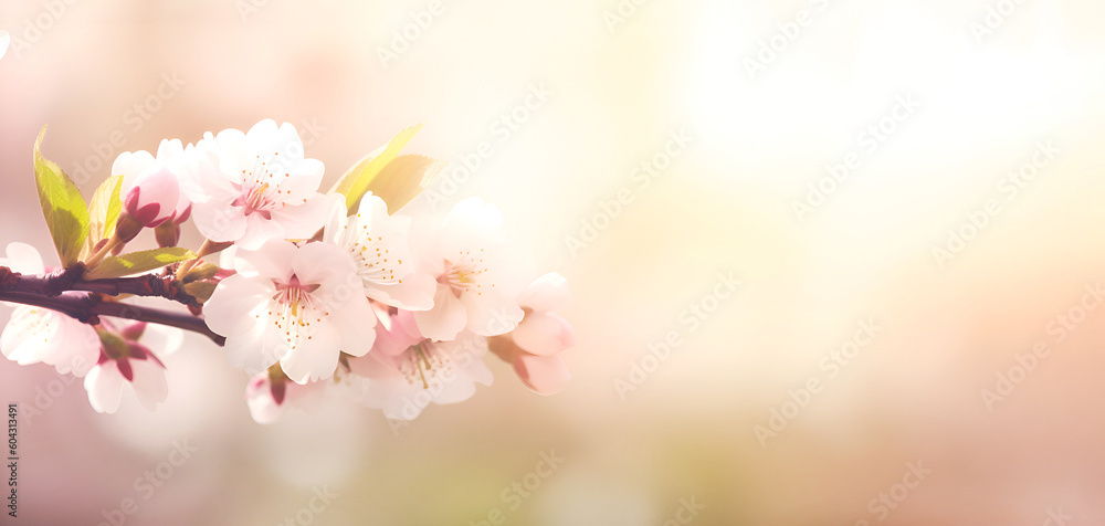 Blossoming branch of an apple tree with green leaves in soft light on a blurred background. Floral banner with copy space. Generative AI