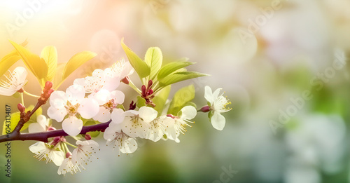 Blossoming branch of an apple tree on a blurred green background with bokeh. Generative AI