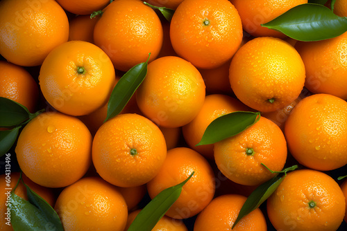 Background of fresh mandarins or oranges with green leaves. Generative AI photo