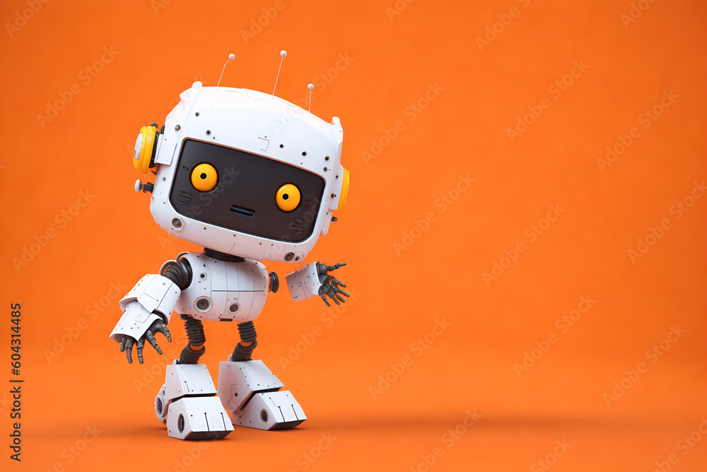 A friendly Cute Mini robot or artificial intelligence robot finger point with empty space, orange background . Generative AI A friendly Cute Mini robot or artificial intelligence robot finger point with empty space, orange background . Generative AI