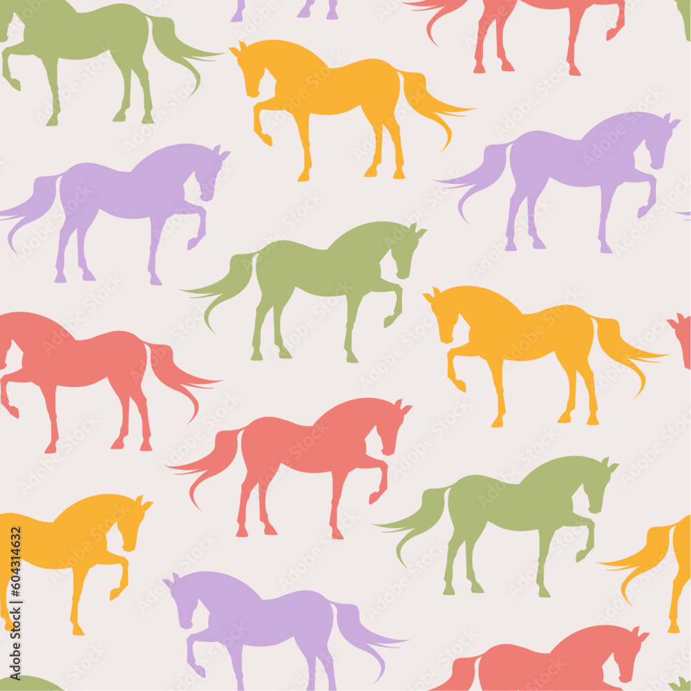 Trendy seamless pattern with colorful silhouettes of horses. Modern illustration. Beautiful design for wrapping paper, textile, web.