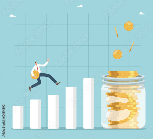 Financial and economic growth, profit from capital investments, shares and bank deposits, increase in investment portfolio, increase in wages, man runs with coin on growing schedule to a jar of coins.