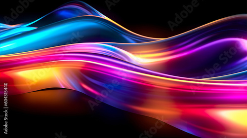 An abstract illustration of neon colourful wavy light trails background. A.I. generated. © JPDC