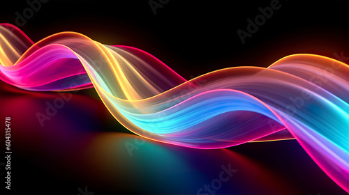 An abstract illustration of neon colourful wavy light trails background. A.I. generated. 