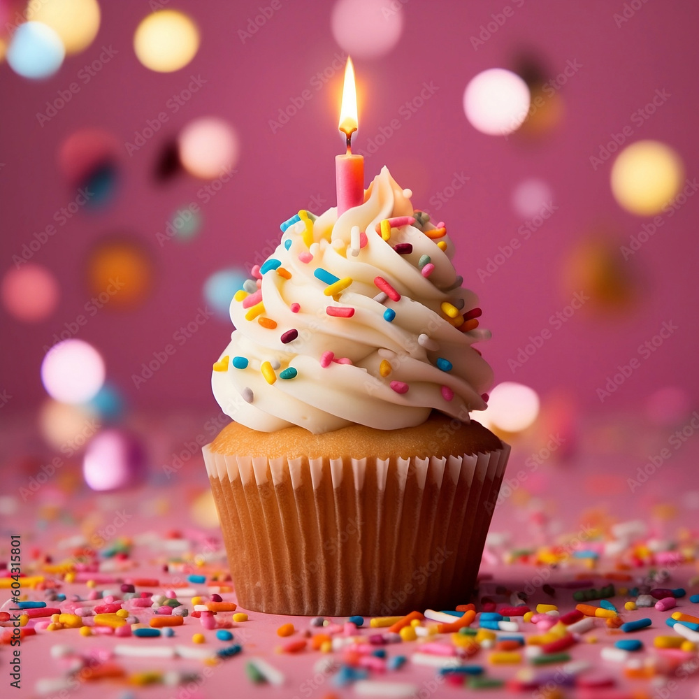 Birthday cupcake with a candle Generative AI