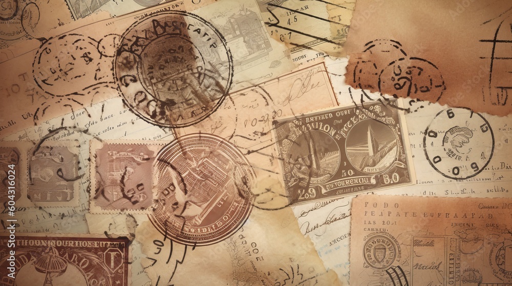 Passport visas stamps on sepia textured, vintage travel background Generative AI