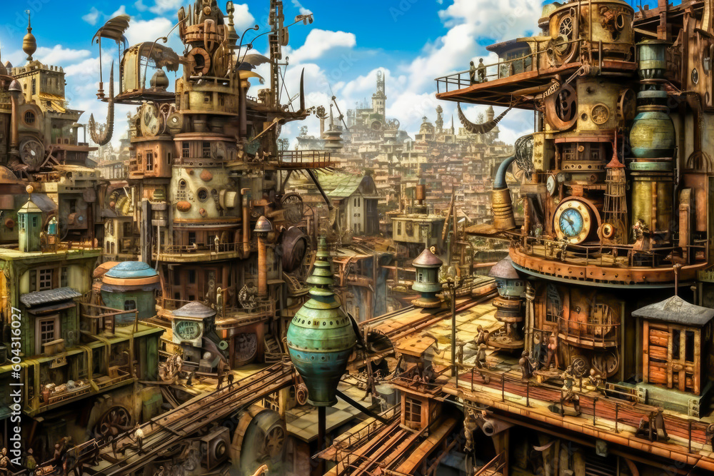 steampunk city landscape, illustration, generative ai