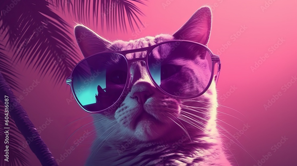 Retro wave synth vaporwave portrait of a cat in sunglasses with palm trees reflection. 80s sci-fi futuristic fashion poster style violet neon aesthetics Generative AI