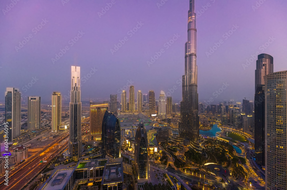 UAE, Dubai panoramic skyline view of city downtown and Dubai Mall