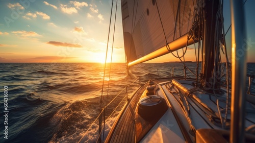 sailboat or yacht sailing through the sea at sunset  generative ai