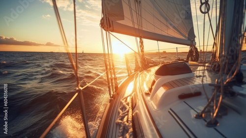 sailboat or yacht sailing through the sea at sunset, generative ai