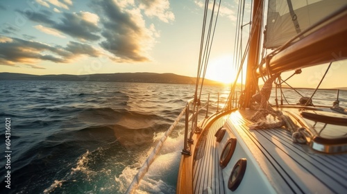 sailboat or yacht sailing through the sea at sunset, generative ai © carballo