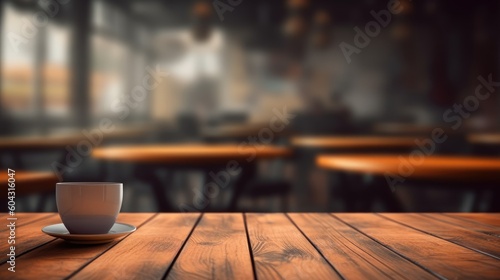 Empty wooden tabletop and blurred cafe background for product placement design, generative ai