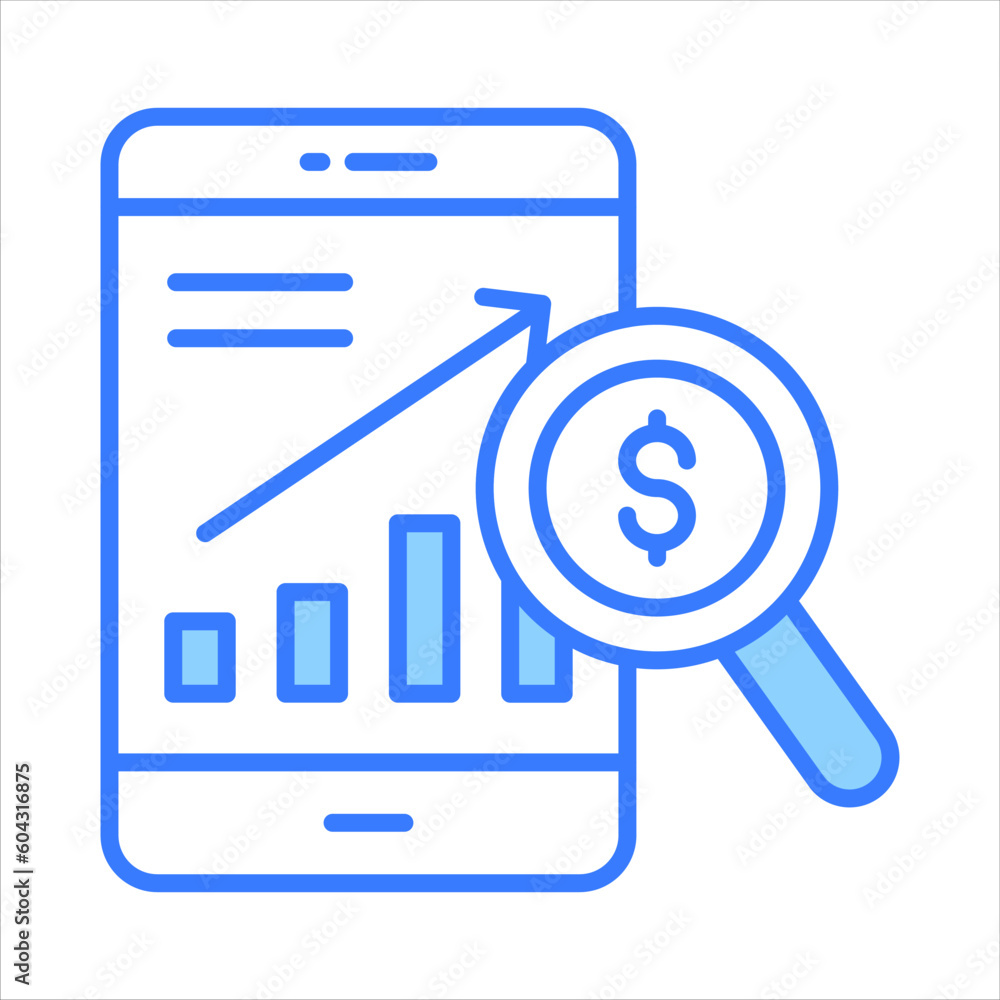 Growth chart inside mobile with magnifier showing vector of mobile data analytics Growth chart inside mobile with magnifier showing vector of mobile data analytics