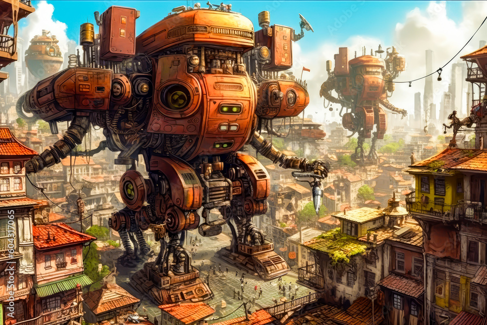 a giant steampunk robot over the city, generative ai a giant steampunk robot over the city, generative ai