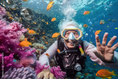  elderly woman dives in the ocean and discovers a coral reef with lots of colorful fish, generative ai © Patrizia Tilly