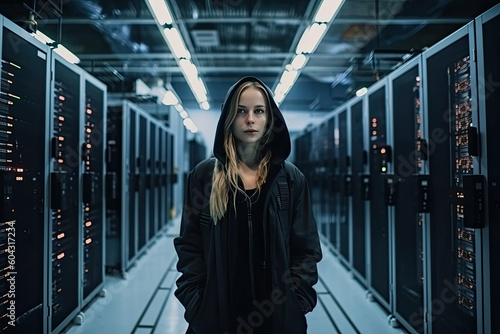 IT Technician female standing at passway in functioning data center full of rack servers and supercomputers with high level of internet connection created with Generative AI photo