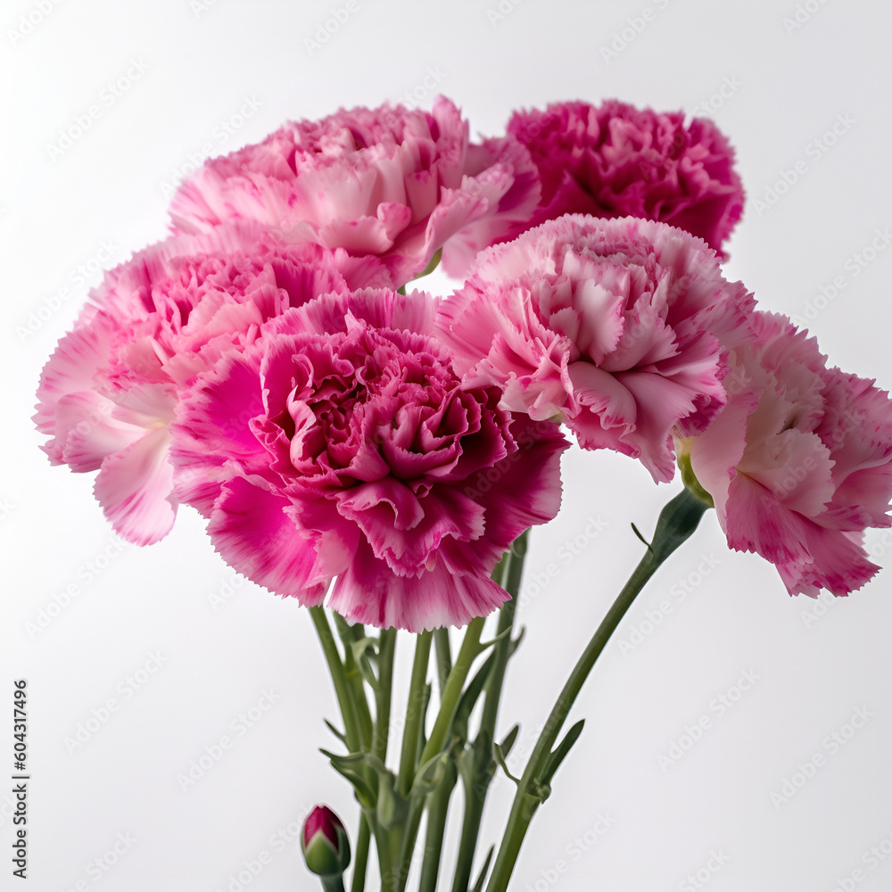 Bouquet of carnation flower plant with leaves isolated on white background.  Flat lay, top side frontal view. macro closeup	