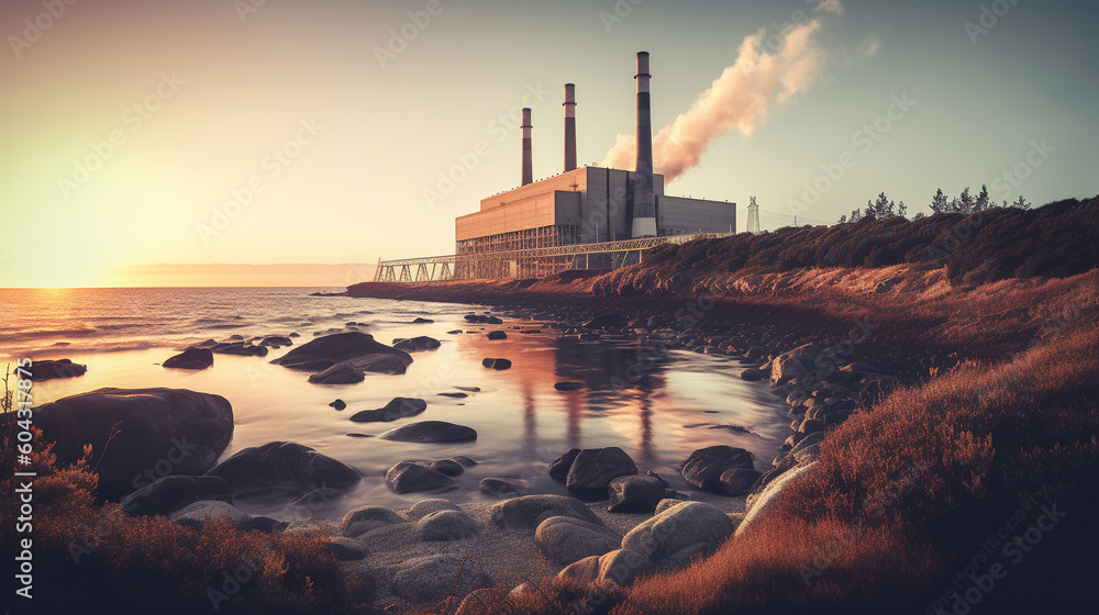 The Power Station on the Coast at Sunrise as a Stark Representation of the Global Warming Crisis. Generative AI