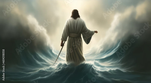 Miraculous Encounter: Witnessing Jesus Christ's Divine Power as He Walks on Water in the Sea, Generative AI.