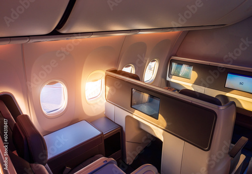 Fotografie Modern airplane interiors, luxury first class and business class seats with entertainment area
