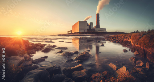 Power station on the coast at sunrise. Global warming concept with colour toning. Generative AI