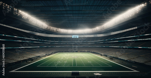 Dramatic professional football arena with green grass and rays of light, Generative AI