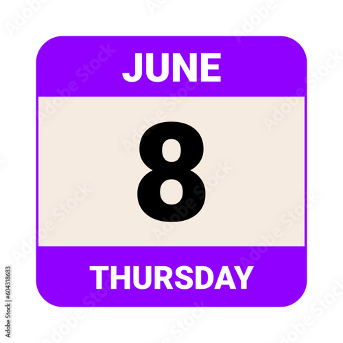 8 June, Thursday. Date template. Useful design for calendar or event promotion. Vector illustration EPS 10 File.