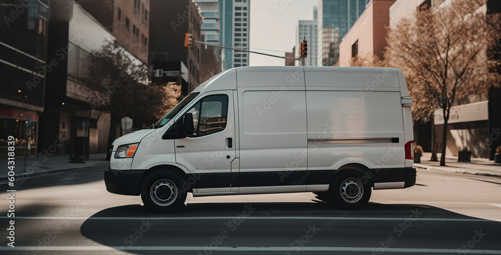 White cargo van. City street background. Generative AI