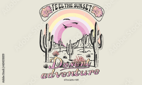 Cactus and flower design. Desert print design for t shirt, poster, sticker, batch, embroidery and others. Desert vibes vector artwork. Desert adventure.