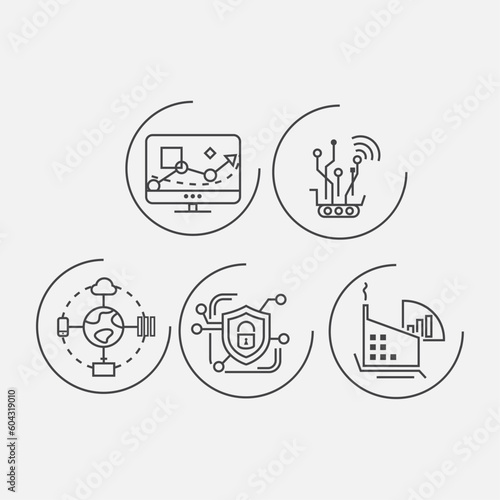 Set of icons of production, web, technology in outline style.