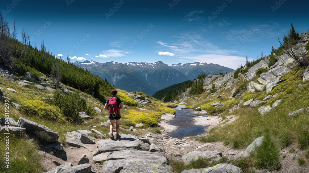 Hiking on a beautiful sunny summer day. Scenic panoramic landscape. Generative AI