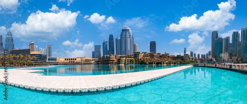 UAE, Dubai panoramic view of city downtown, Dubai Mall and Dubai Fountain.