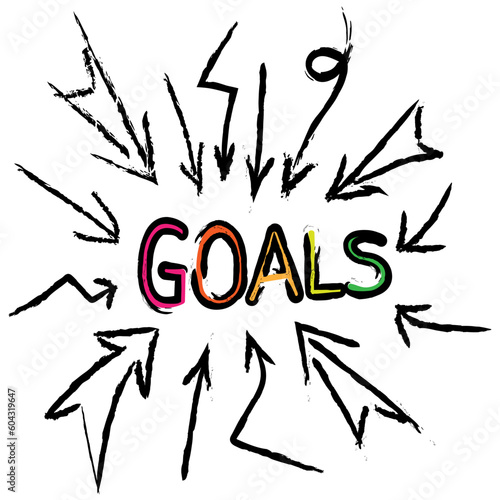 Multiple arrow strokes have a direction toward the middle of the word goal.Goals concept.