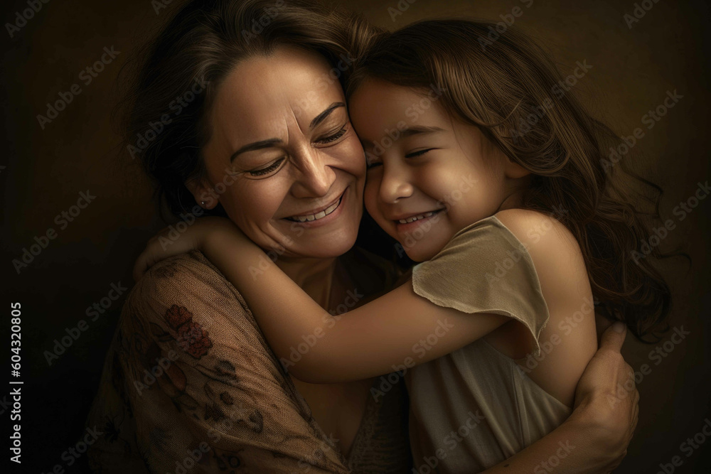Varied ethnicities of happy mother and child embracing with the child's head resting on the mother's chest. Generative AI Varied ethnicities of happy mother and child embracing with the child's head resting on the mother's chest. Generative AI