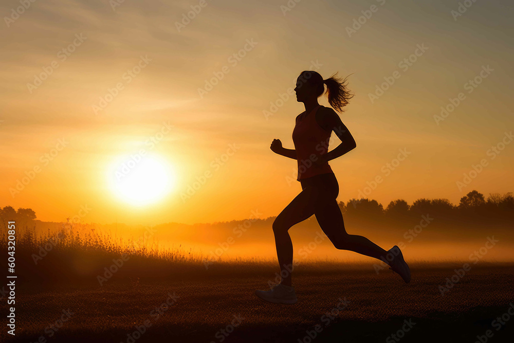 Woman running at sunrise. Generative AI