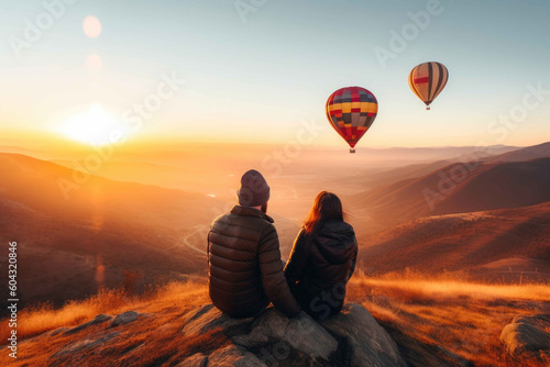 A couple is in a hot air balloon at sunrise in the mountains. Generative AI