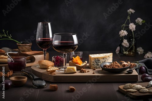 Wine and food. Composition with different cheese and wine. Generative AI