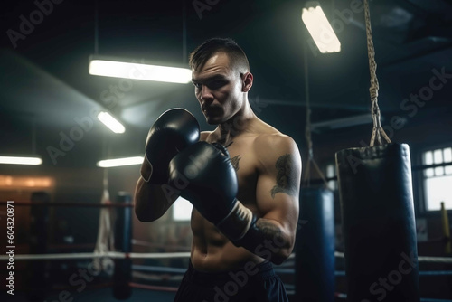 Athlete who is boxing in a gym. Generative AI © Andrii 