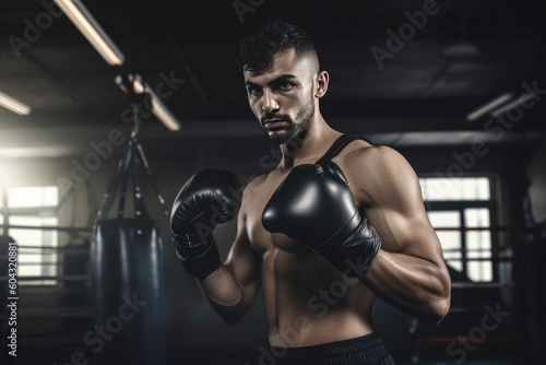 Man in the ring in boxing gloves. Generative AI © Andrii 