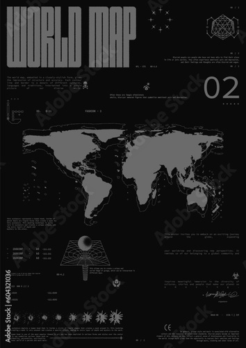 Grunge poster world map. Abstract print for streetwear  for jacket  t-shirt or sweatshirt Isolated on black background