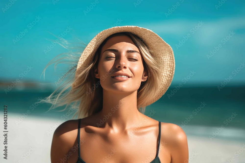 Young attractive woman smiling and walking on the beach at sunrise on her tropical vacation. Generative AI