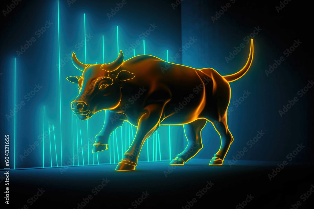 Bull on blue background with yellow neon. Generative AI Bull on blue background with yellow neon. Generative AI