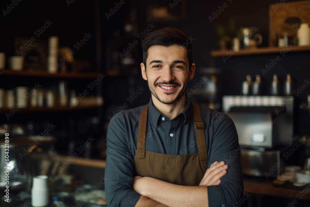 Male small business owner smiling at the camera while standing in front of his coffee shop. Generative AI Male small business owner smiling at the camera while standing in front of his coffee shop. Generative AI