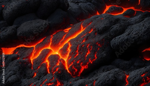 Seamless lava pattern with small stones, texture for graphic design. Realistic lava flame on black ash background. Texture of molten magma surface. Abstract volcanic lava background. Generative AI