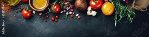 Panel kuchenny z motywem Food background. Top view of olive oil, cherry tomato, herbs and spices on rustic black slate. Generative AI